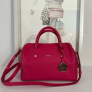 FURLA Leather Top Handle Satchel Bag With Crossbody Strap Fuchsia Pink